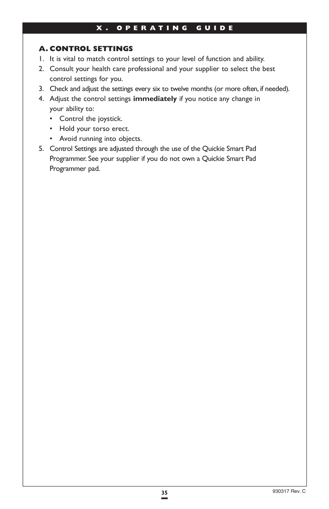 Sunrise Medical P300 instruction manual Control Settings 