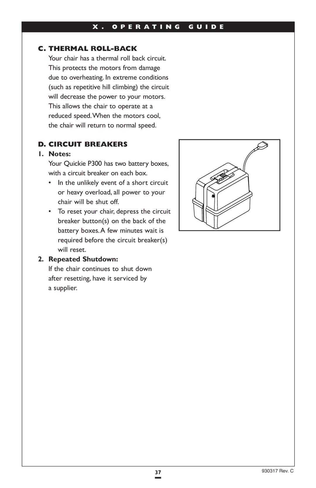 Sunrise Medical P300 instruction manual Thermal ROLL-BACK, Circuit Breakers, Repeated Shutdown 