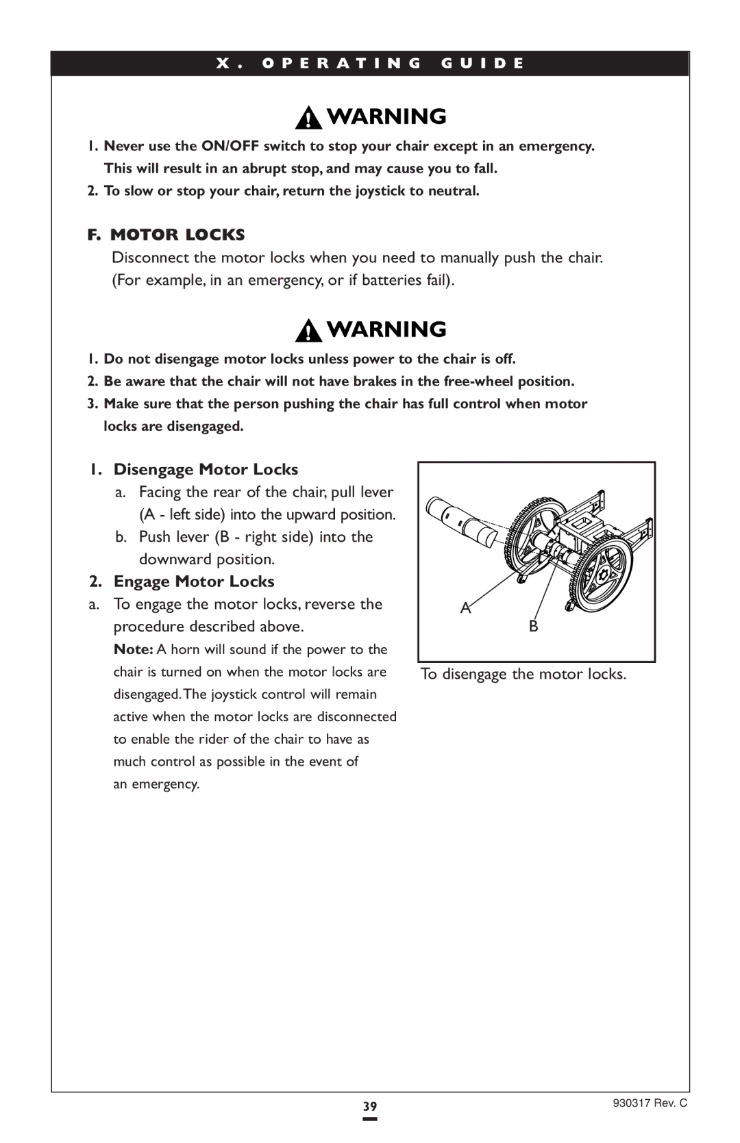 Sunrise Medical P300 instruction manual Disengage Motor Locks, Push lever B right side into the downward position 