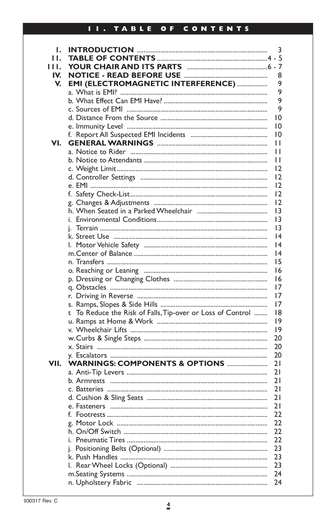 Sunrise Medical P300 instruction manual 111, Vii, EMI Electromagnetic Interference, Rnings Components & Options 