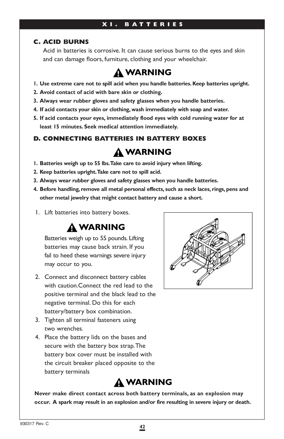 Sunrise Medical P300 Acid Burns, Connecting Batteries in Battery Boxes, Lift batteries into battery boxes 