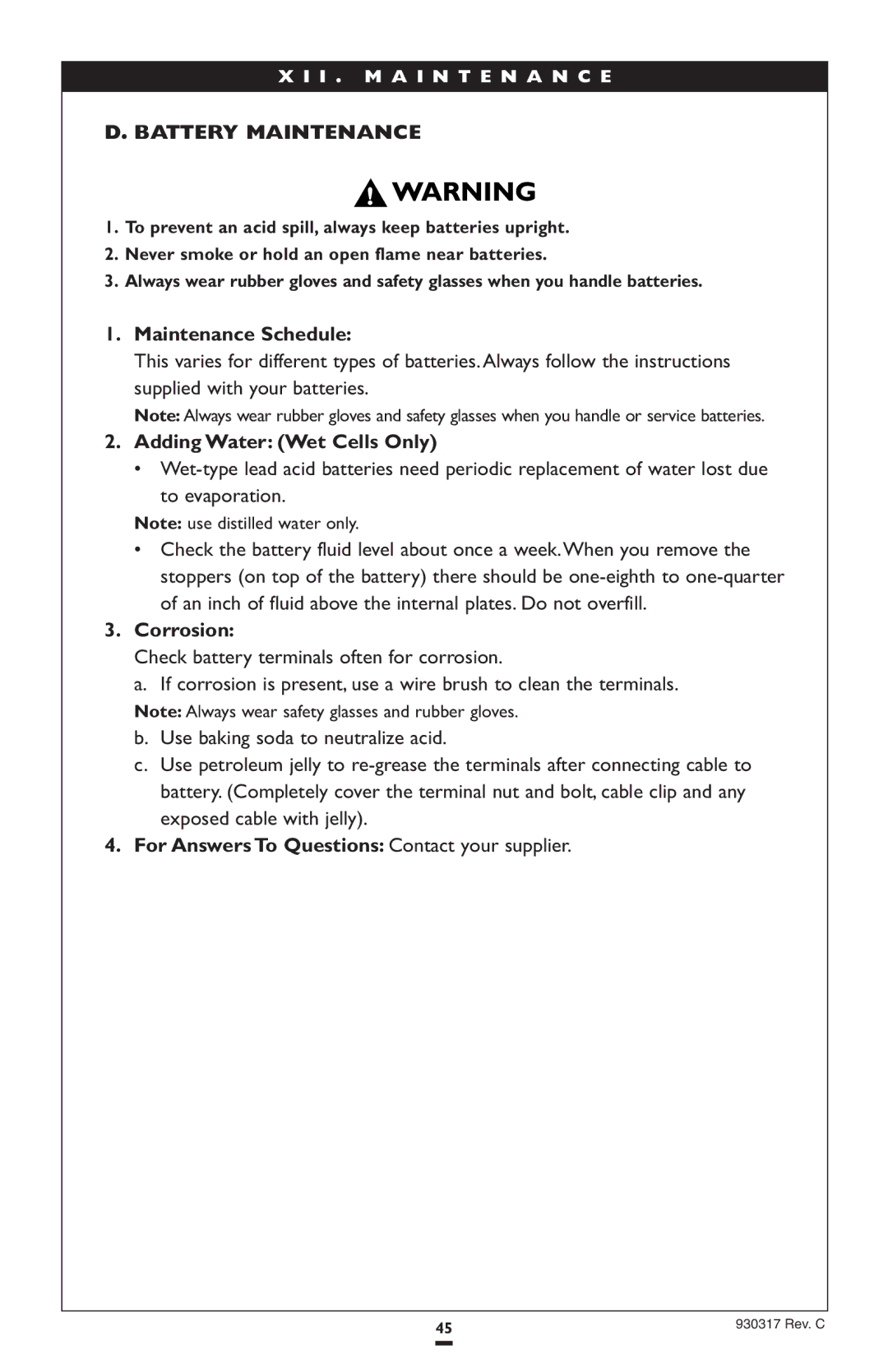 Sunrise Medical P300 instruction manual Battery Maintenance, Maintenance Schedule, Adding Water Wet Cells Only 