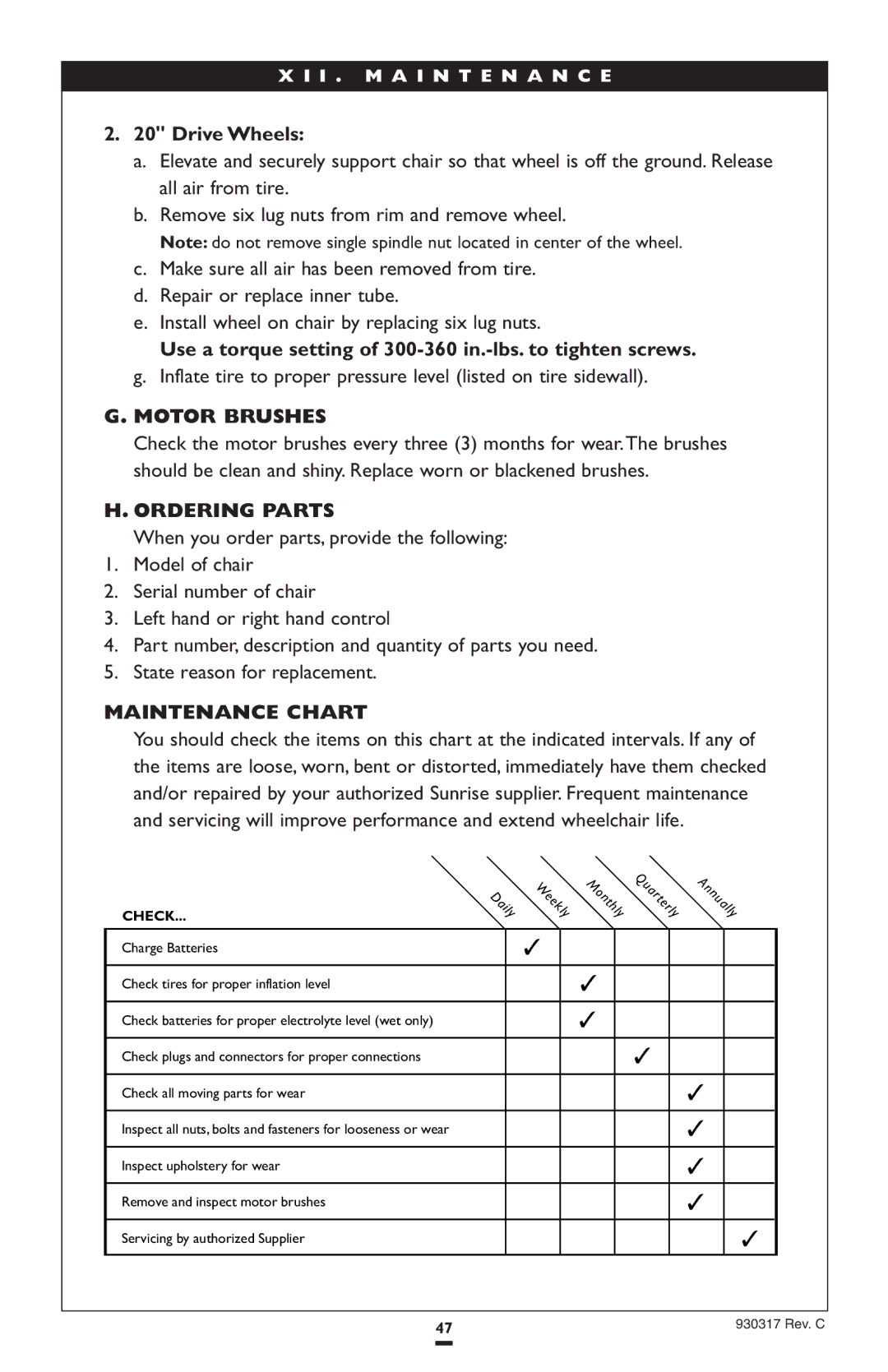 Sunrise Medical P300 instruction manual Motor Brushes, Ordering Parts, Maintenance Chart 