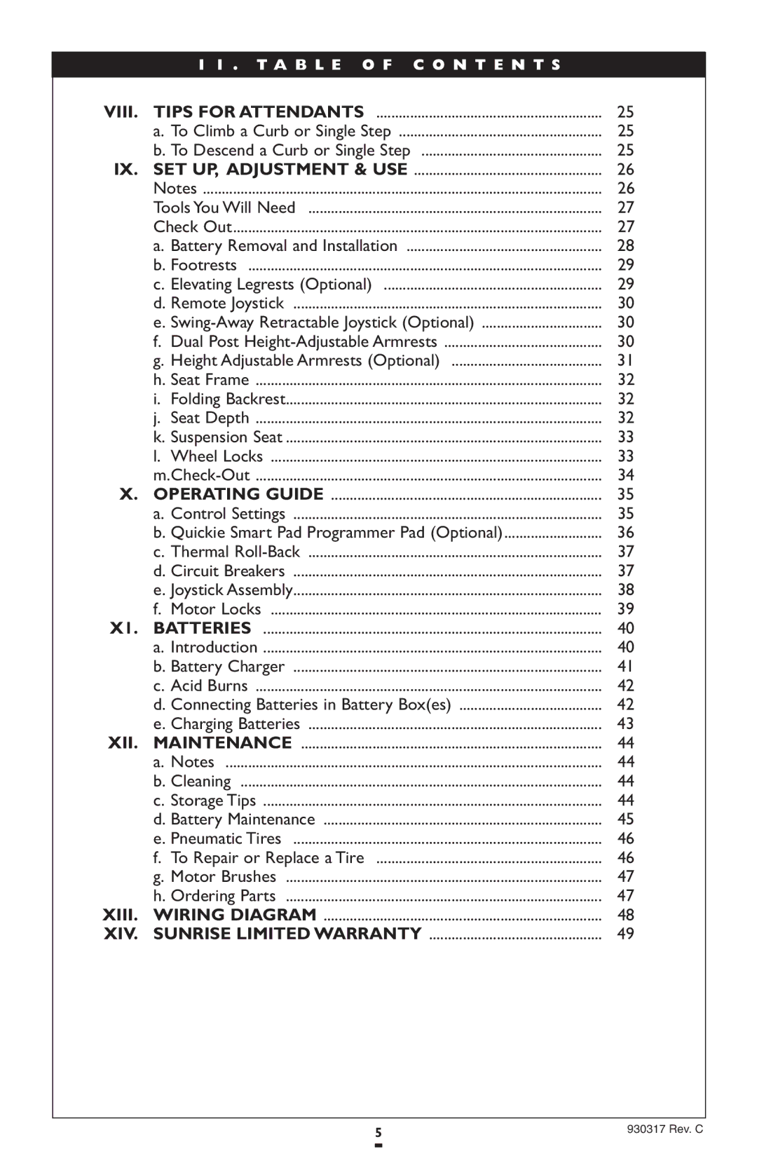 Sunrise Medical P300 instruction manual Viii XII Xiii XIV, Sunrise Limited Warranty, Wiring Diagram 