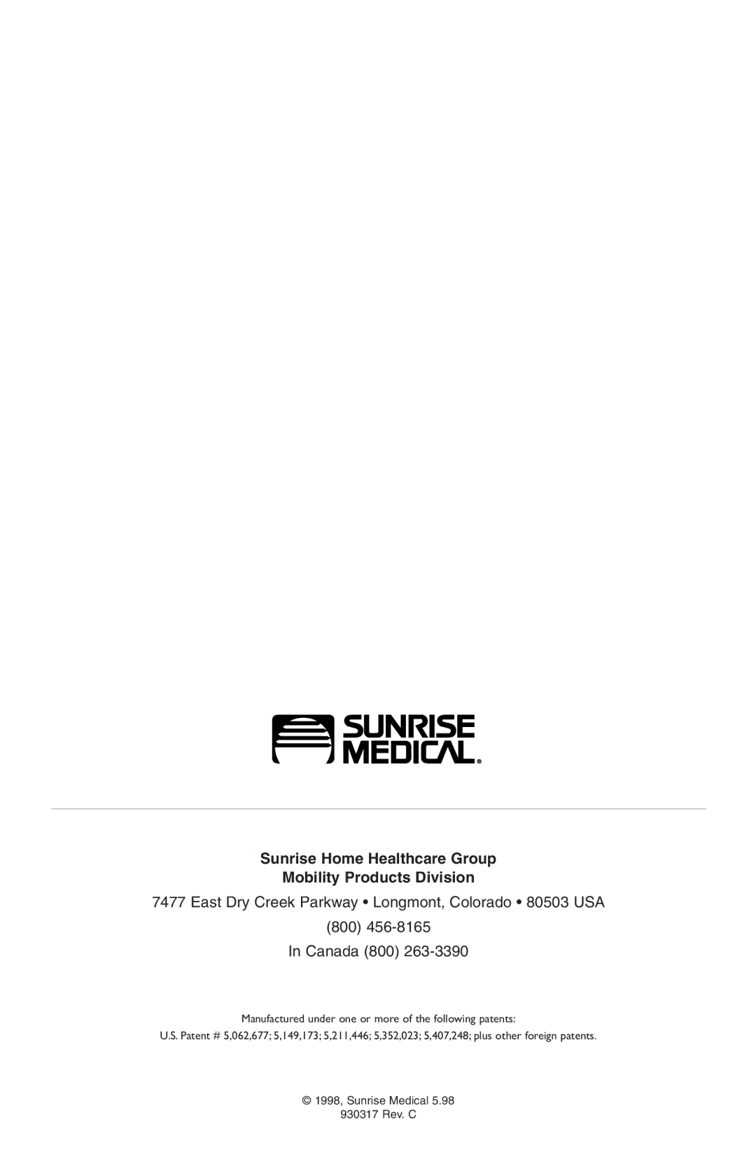 Sunrise Medical P300 instruction manual Sunrise Home Healthcare Group Mobility Products Division 