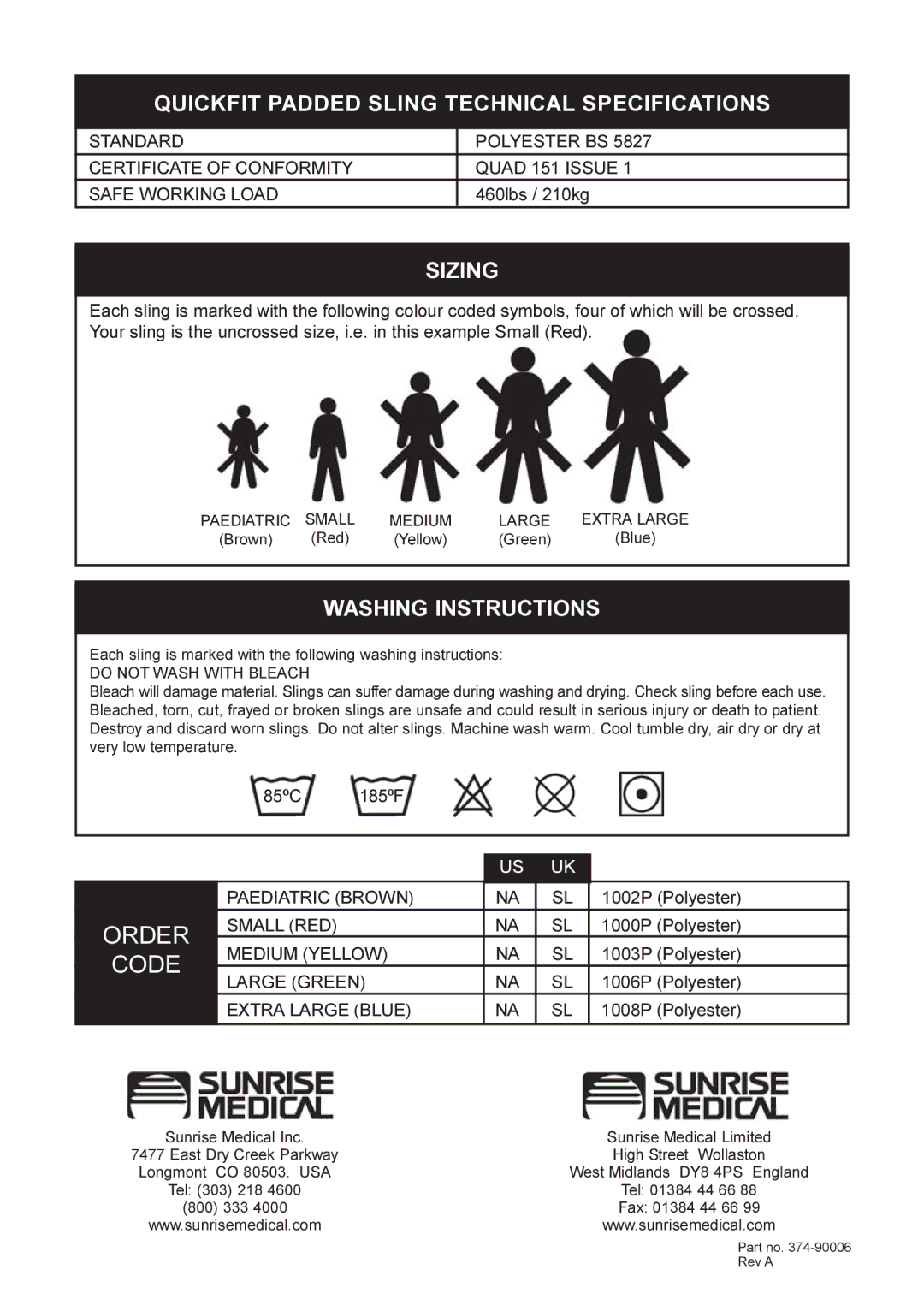 Sunrise Medical Quick Fit Quickfit Padded Sling Technical Specifications, Sizing, Washing Instructions 