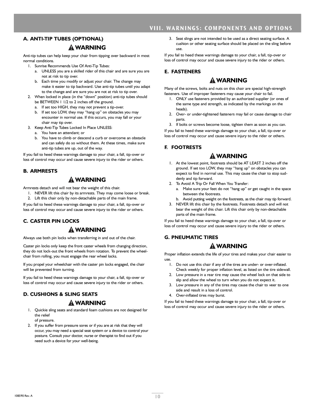 Sunrise Medical Quickie 2 Lite owner manual Viii . Warnings Components and Options 