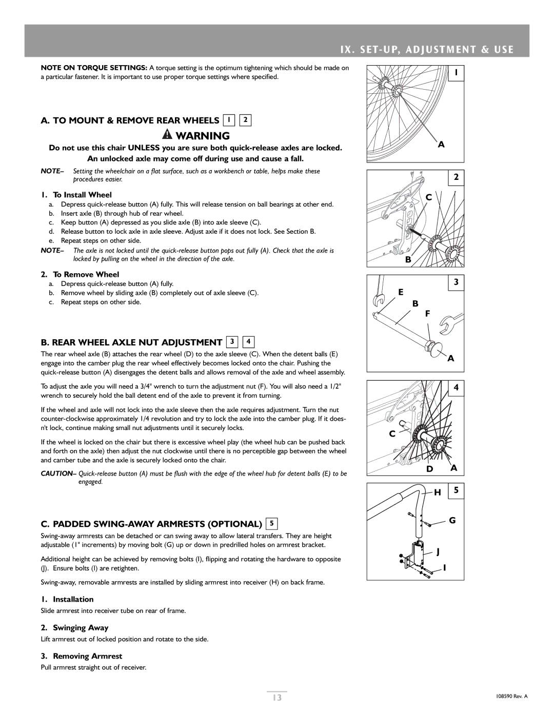 Sunrise Medical Quickie 2 Lite owner manual IX . SET- UP, Adjustment & USE, To Mount & Remove Rear Wheels 1 