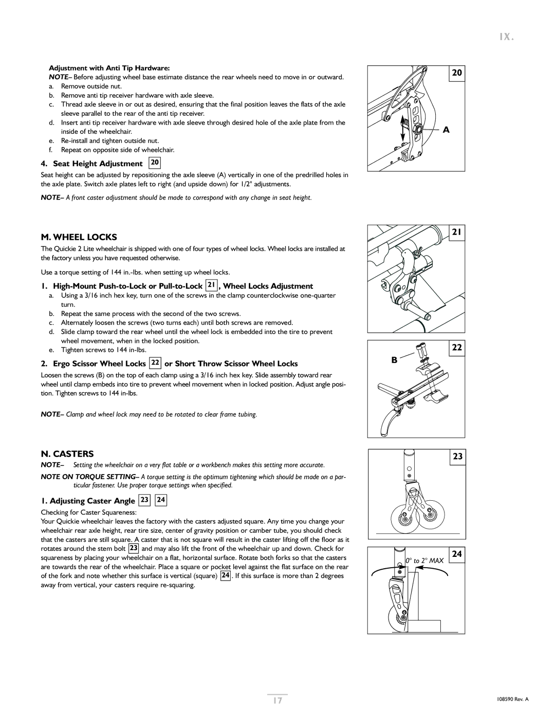 Sunrise Medical Quickie 2 Lite owner manual Wheel Locks, Casters, Seat Height Adjustment, Adjusting Caster Angle 23 