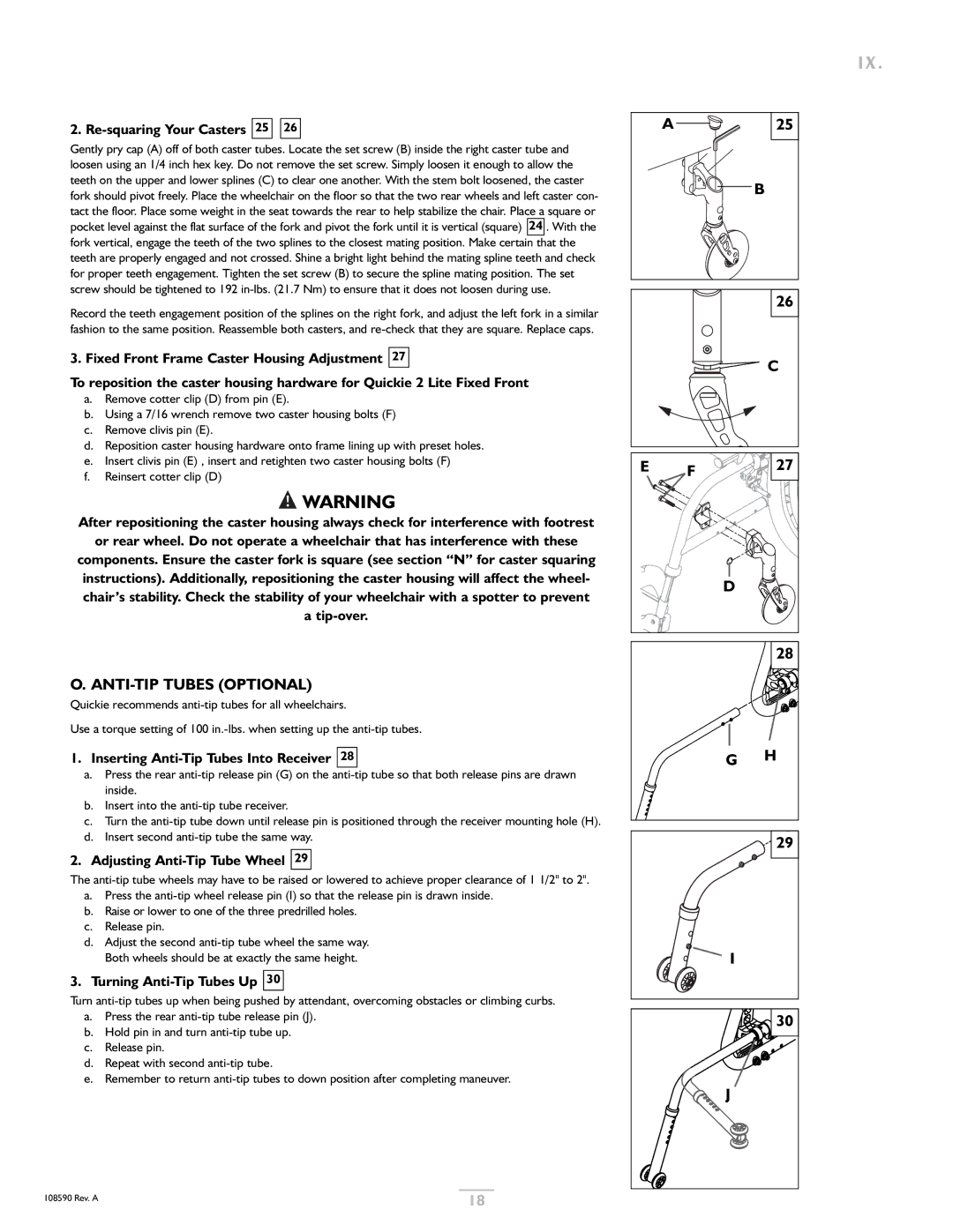 Sunrise Medical Quickie 2 Lite owner manual Re-squaring Your Casters 25, Tip-over, Inserting Anti-Tip Tubes Into Receiver 