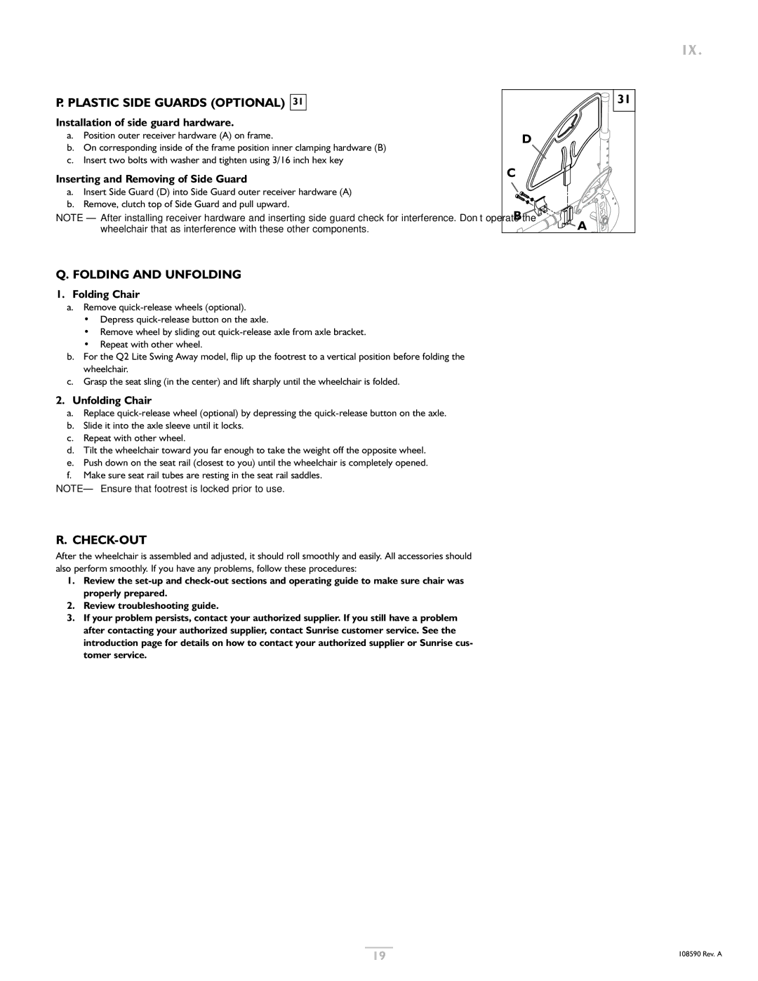 Sunrise Medical Quickie 2 Lite owner manual Plastic Side Guards Optional, Folding and Unfolding, Check-Out 