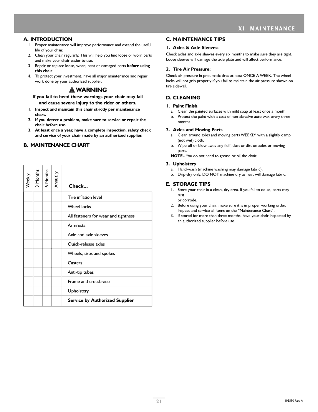 Sunrise Medical Quickie 2 Lite owner manual XI . Maintenance 