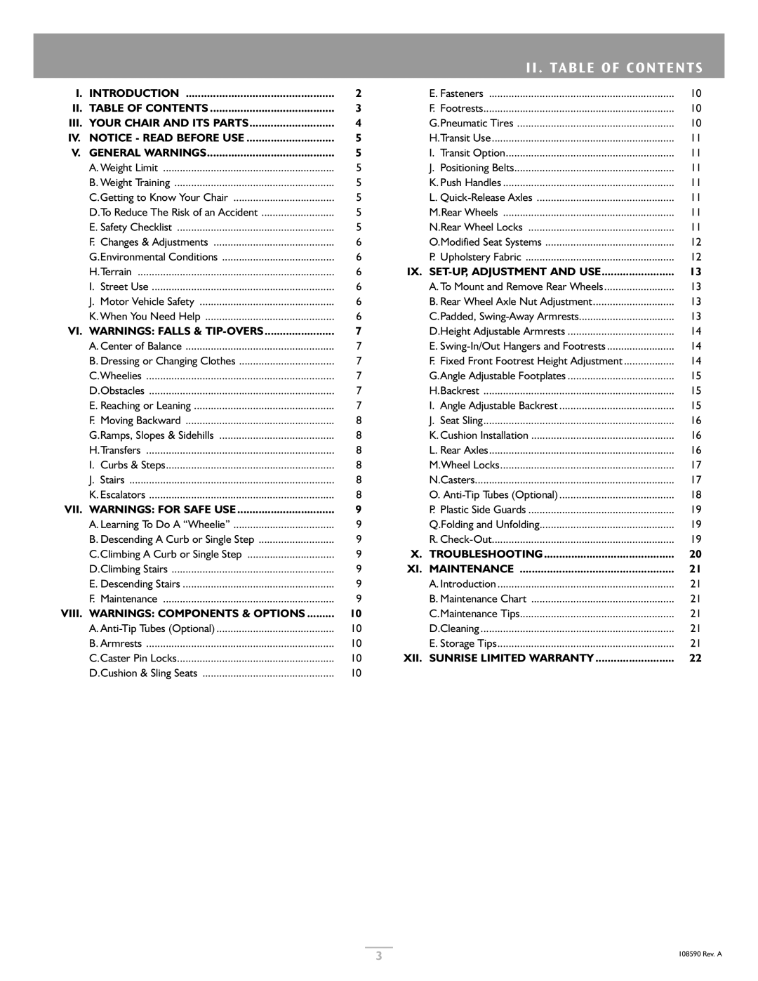 Sunrise Medical Quickie 2 Lite owner manual II . Table of Contents 