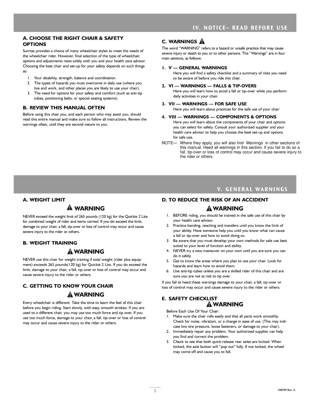 Sunrise Medical Quickie 2 Lite owner manual IV. Notice Read Before USE, General Warnings 