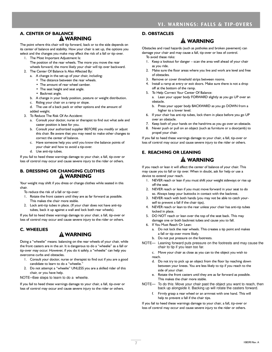 Sunrise Medical Quickie 2 Lite owner manual VI . Warnings Falls & TIP Overs 