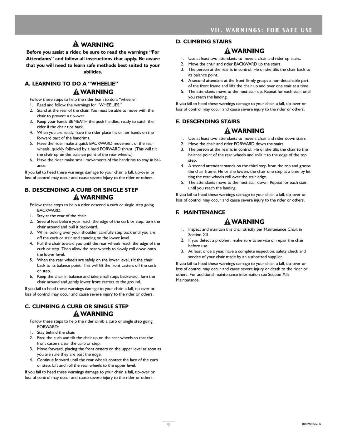 Sunrise Medical Quickie 2 Lite owner manual VII . Warnings for Safe USE 