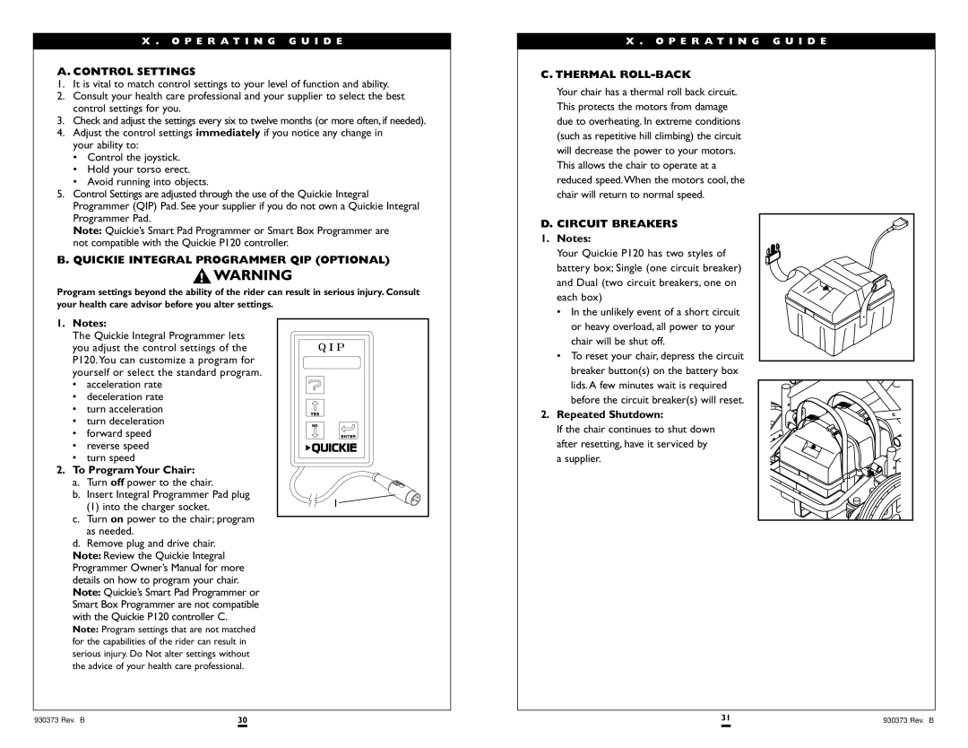 Sunrise Medical Quickie P120 Control Settings, Quickie Integral Programmer QIP Optional, Thermal ROLL-BACK 