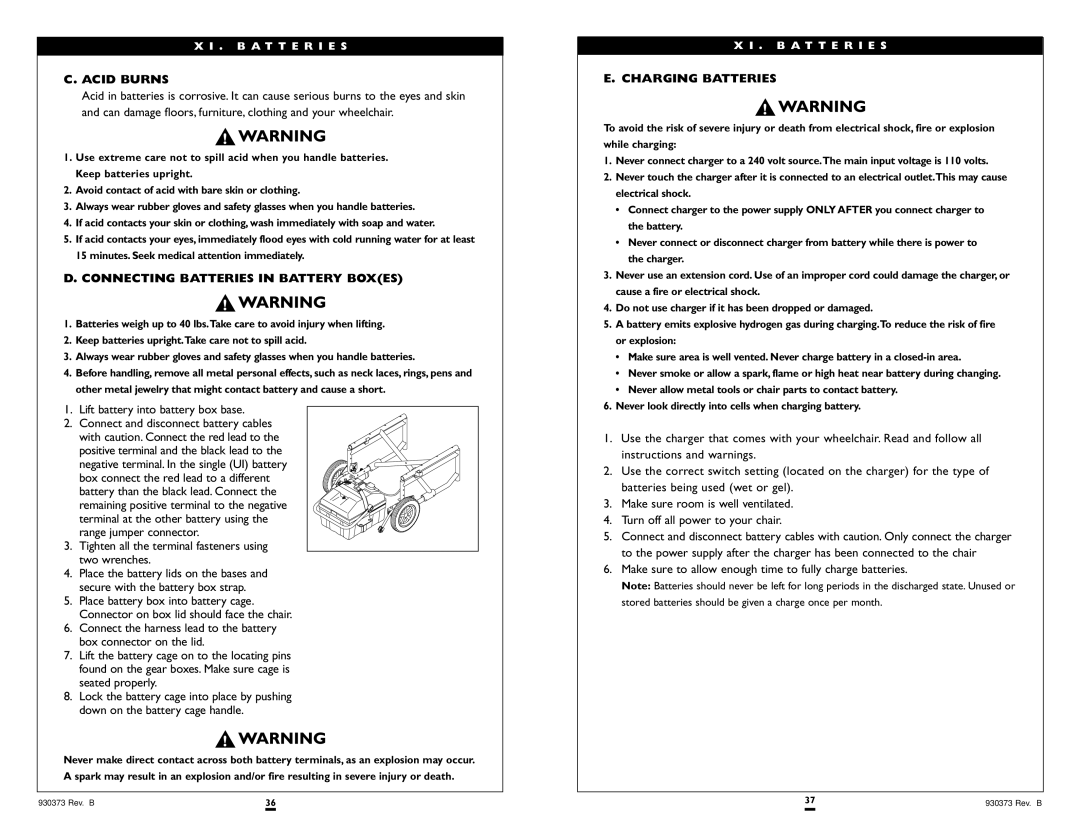 Sunrise Medical Quickie P120 instruction manual Acid Burns, Connecting Batteries in Battery Boxes, Charging Batteries 