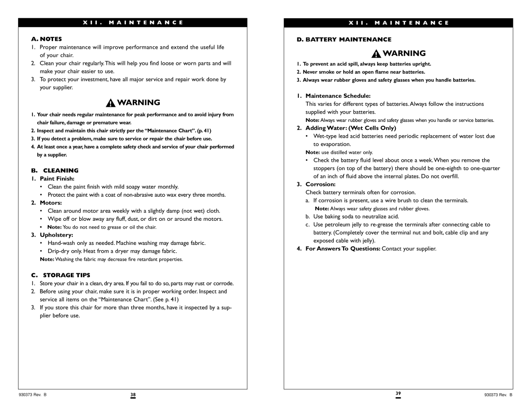 Sunrise Medical Quickie P120 instruction manual Cleaning, Storage Tips, Battery Maintenance 