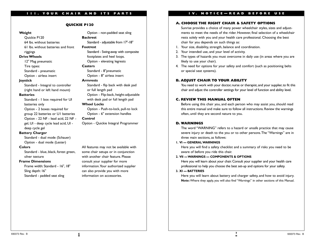 Sunrise Medical Quickie P120 instruction manual Choose the Right Chair & Safety Options, Adjust Chair to Your Ability 