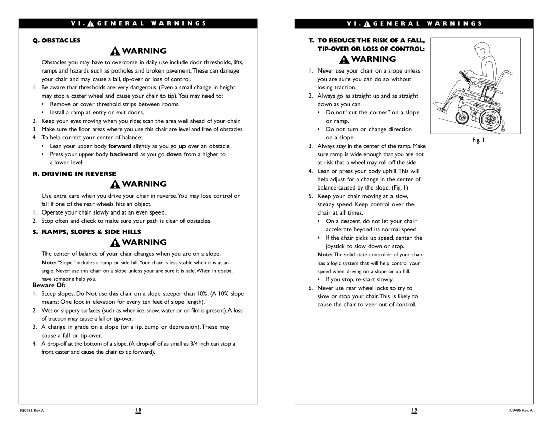 Sunrise Medical Quickie S-525 instruction manual Obstacles, Driving in Reverse, RAMPS, Slopes & Side Hills, Beware 