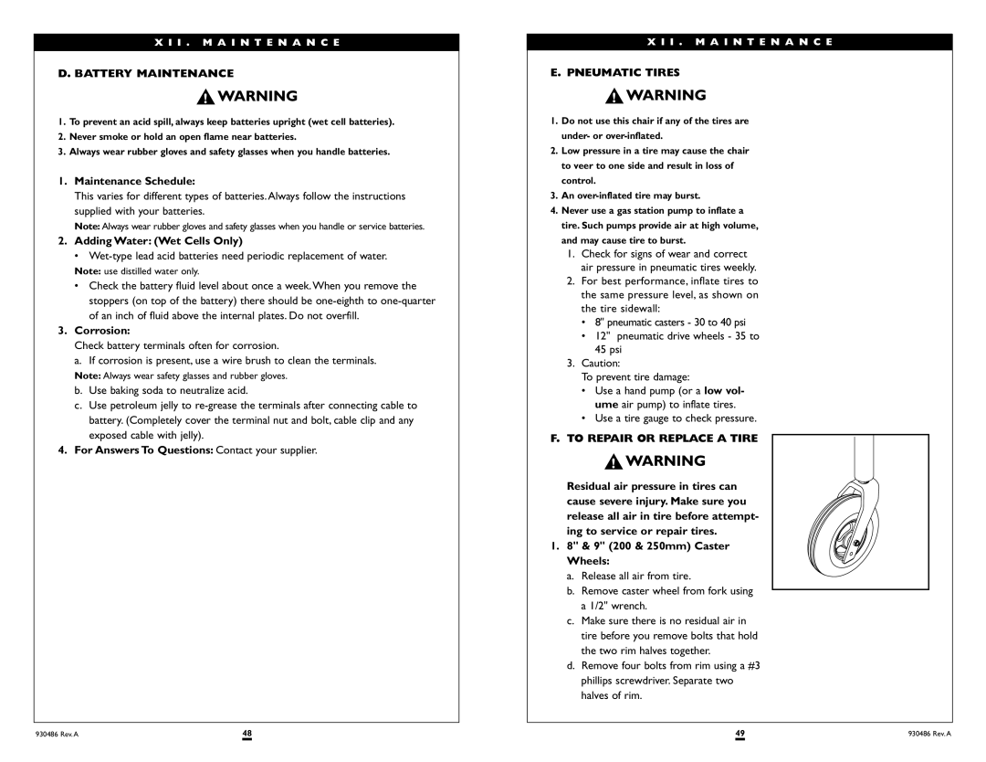 Sunrise Medical Quickie S-525 instruction manual Battery Maintenance, To Repair or Replace a Tire 