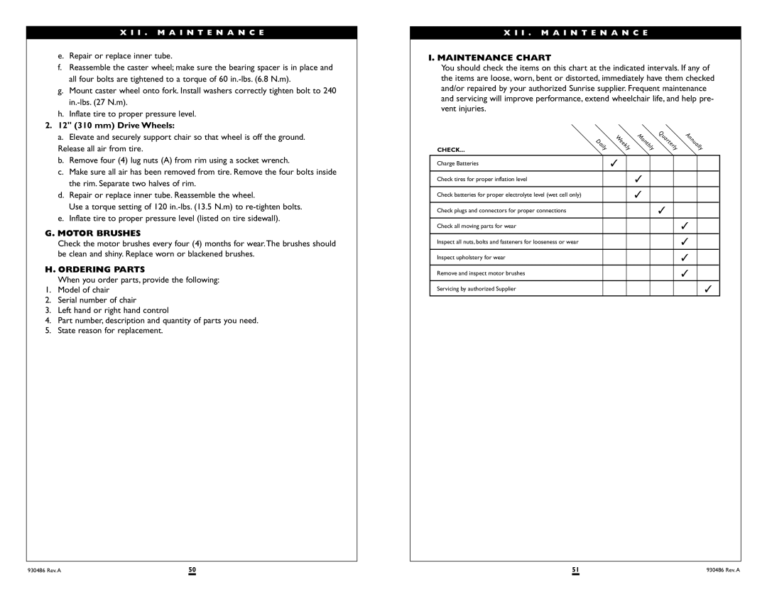 Sunrise Medical Quickie S-525 instruction manual 12 310 mm Drive Wheels, Maintenance Chart, Motor Brushes, Ordering Parts 