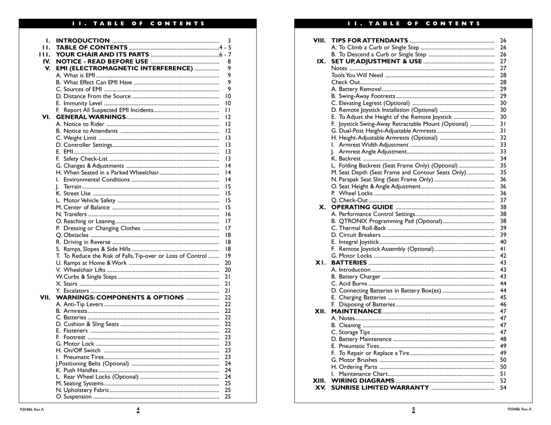 Sunrise Medical Quickie S-525 instruction manual 111, EMI Electromagnetic Interference, VII. Warnings Components & Options 