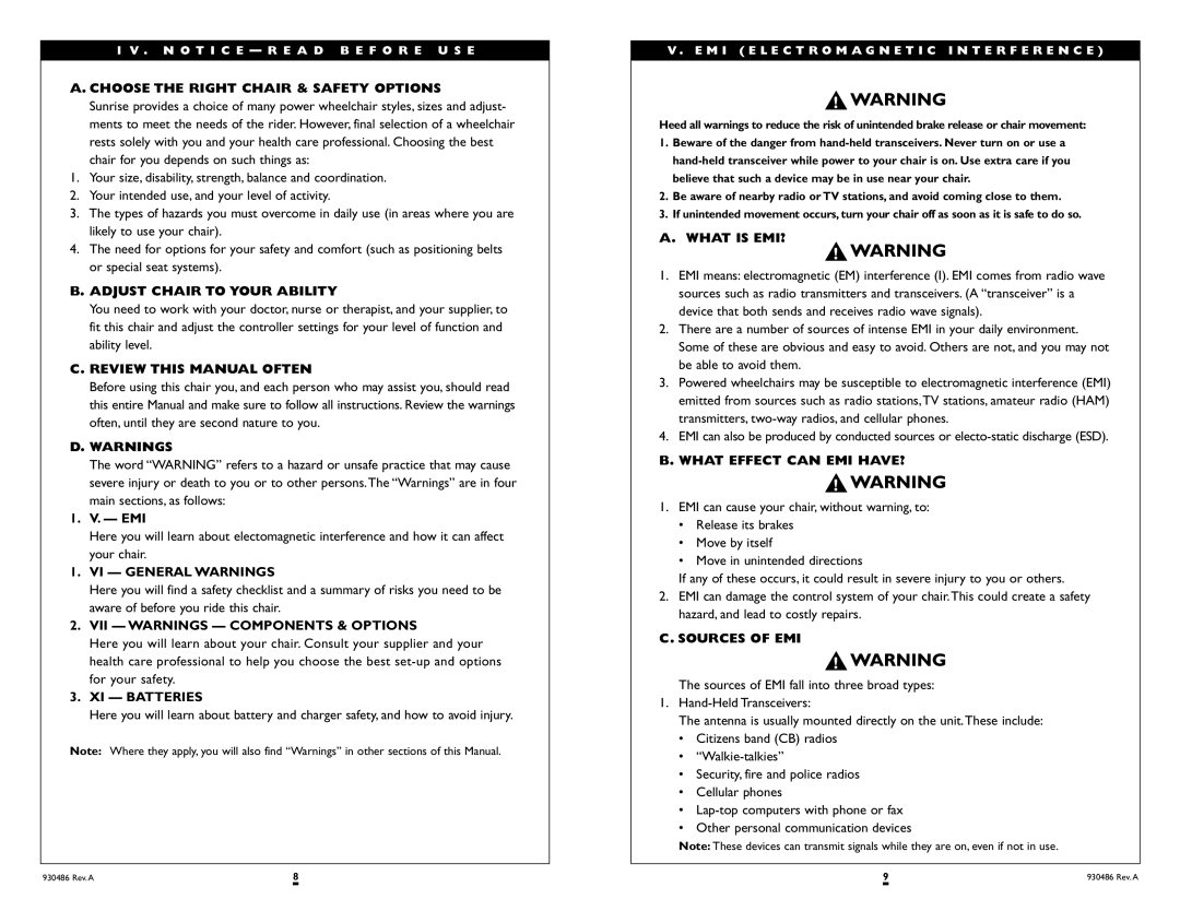 Sunrise Medical Quickie S-525 Choose the Right Chair & Safety Options, Adjust Chair to Your Ability, VI General Warnings 