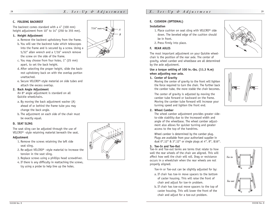 Sunrise Medical R2 instruction manual Folding Backrest, Seat Sling, Cushion Optional 