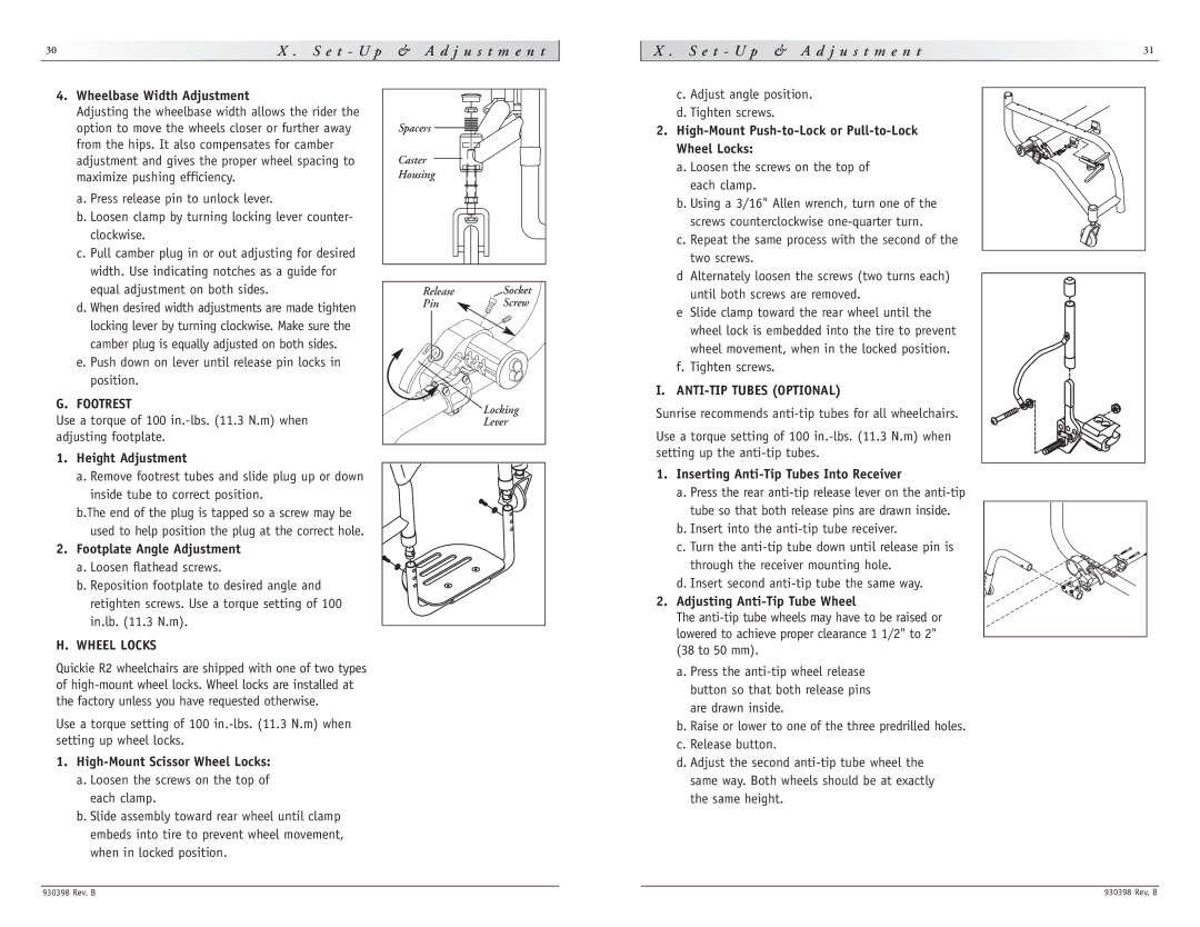 Sunrise Medical R2 instruction manual Footrest, ANTI-TIP Tubes Optional, Wheel Locks 