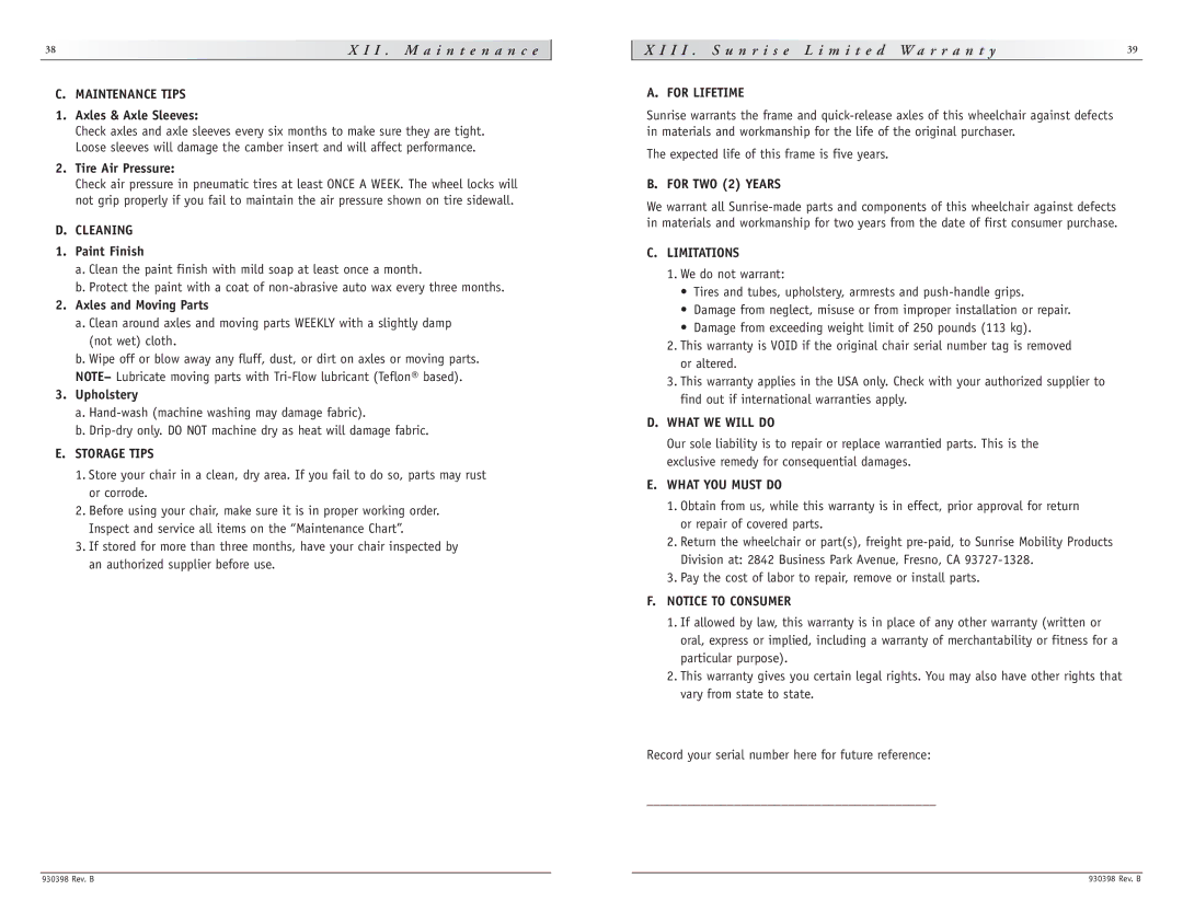 Sunrise Medical R2 instruction manual I I . M a i n t e n a n c e 