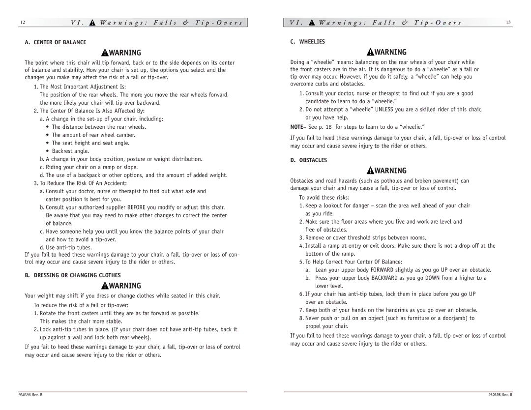 Sunrise Medical R2 instruction manual L s, Dressing or Changing Clothes, Wheelies, Obstacles 