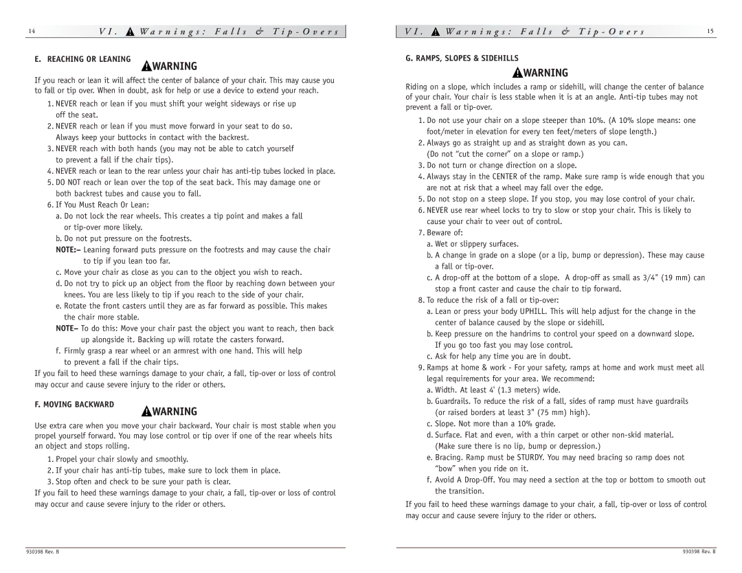 Sunrise Medical R2 instruction manual Reaching or Leaning, Moving Backward, RAMPS, Slopes & Sidehills 