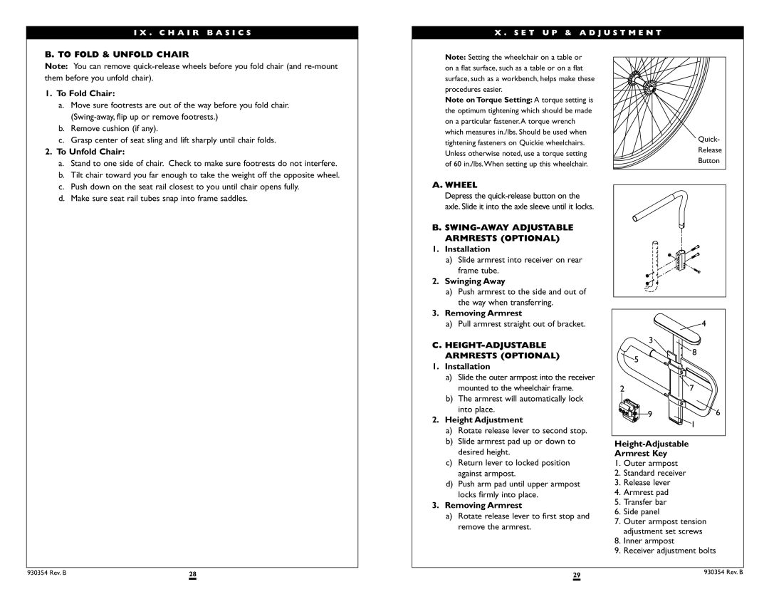 Sunrise Medical Revolution instruction manual To Fold & Unfold Chair, Wheel, SWING-AWAY Adjustable Armrests Optional 