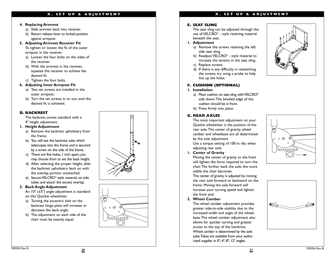 Sunrise Medical Revolution instruction manual Backrest, Seat Sling, Cushion Optional, Rear Axles 