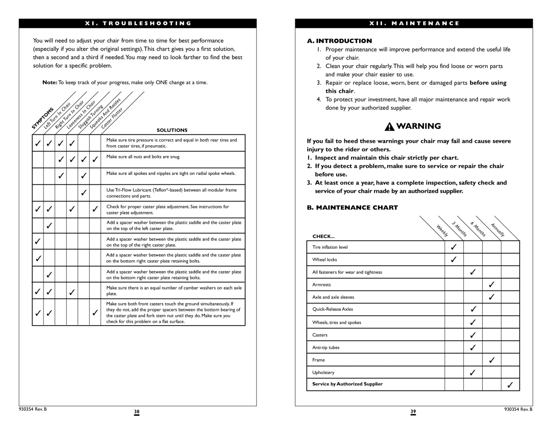 Sunrise Medical Revolution instruction manual Introduction, Maintenance Chart 