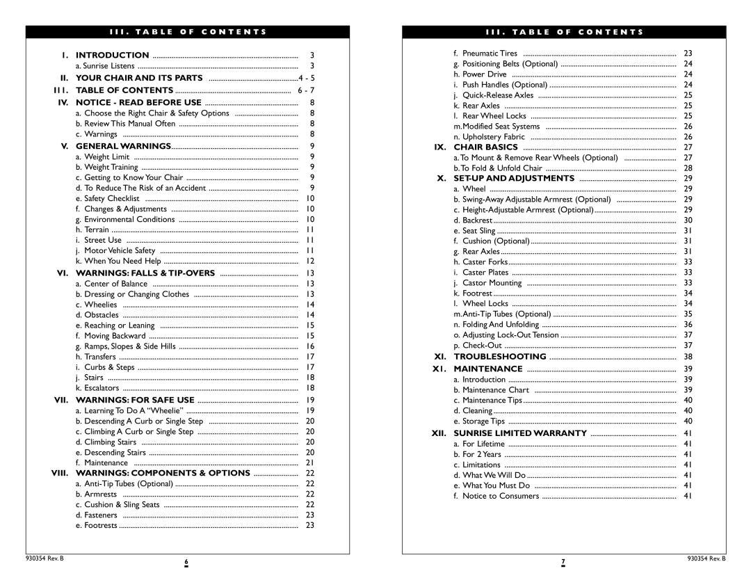 Sunrise Medical Revolution instruction manual I11, VIII. Warnings Components & Options 