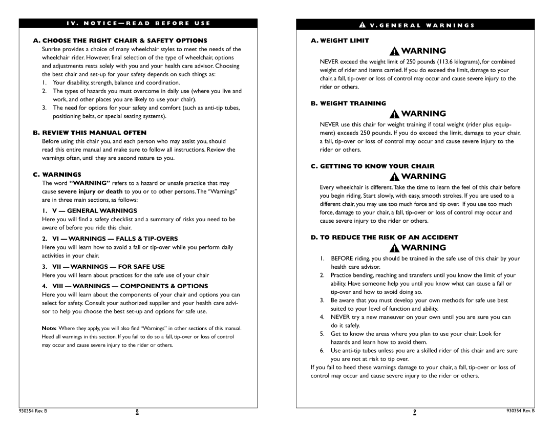 Sunrise Medical Revolution Choose the Right Chair & Safety Options, Review this Manual Often, General Warnings 