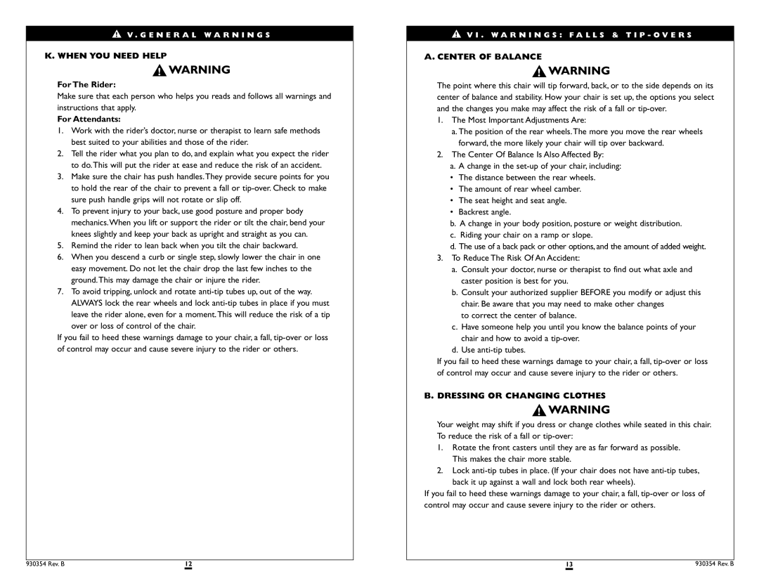 Sunrise Medical Revolution instruction manual When YOU Need Help, For The Rider, For Attendants, Center of Balance 