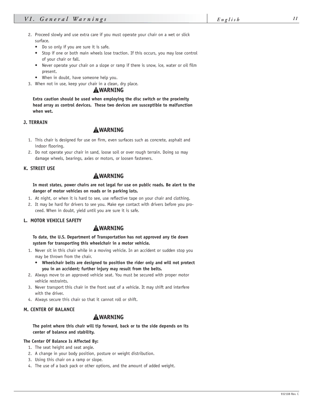 Sunrise Medical S-11 instruction manual Terrain, Street USE, Motor Vehicle Safety, Center of Balance 