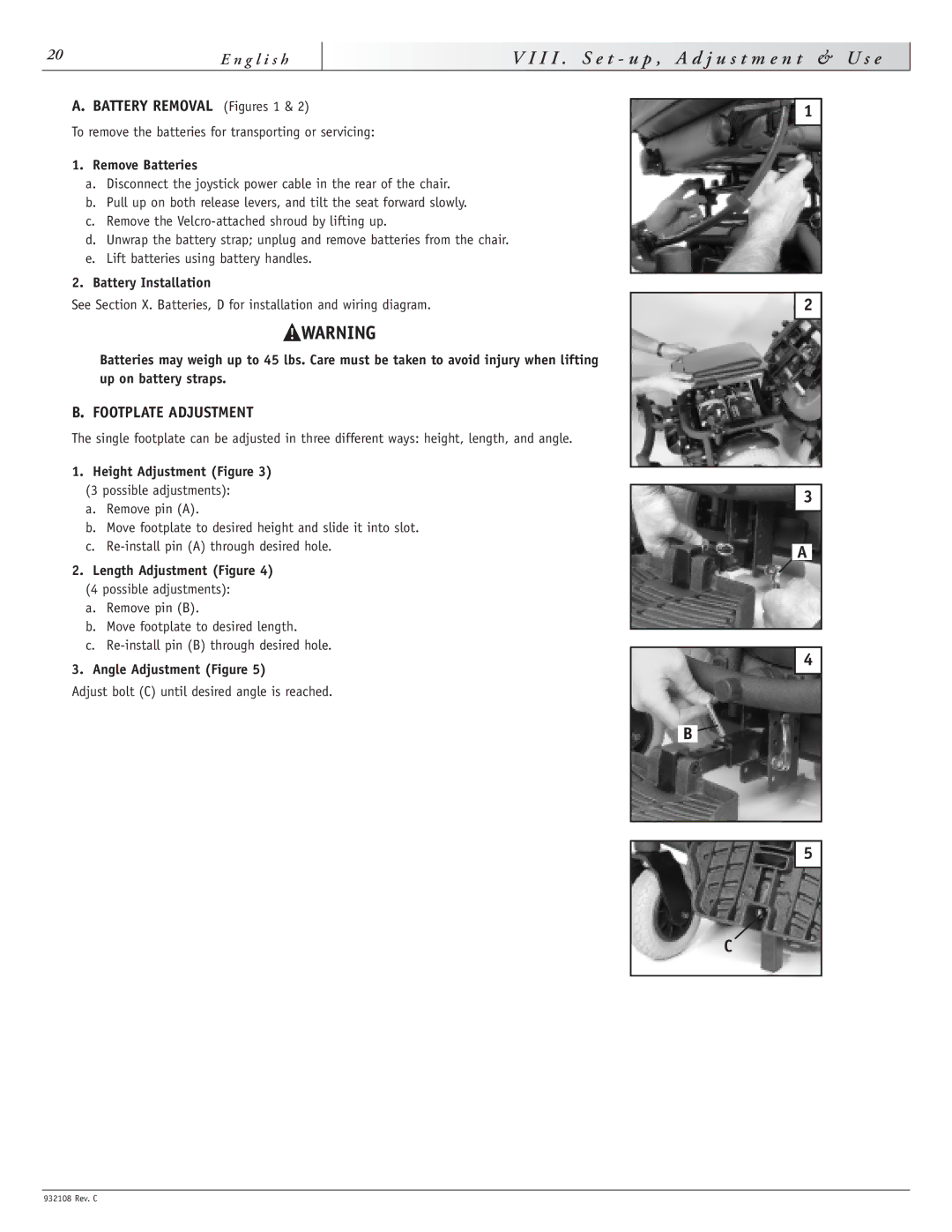 Sunrise Medical S-11 instruction manual I I . S e t u p , a d j u s t m e n t & U s e, Footplate Adjustment 