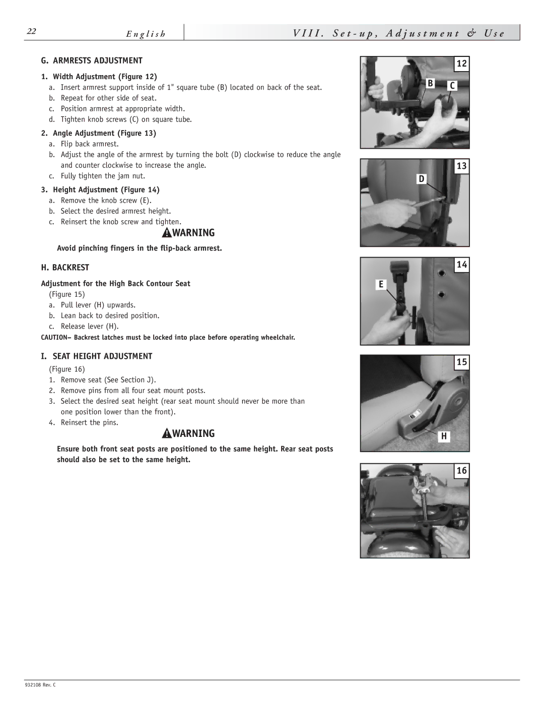 Sunrise Medical S-11 instruction manual Armrests Adjustment, Backrest, Seat Height Adjustment 