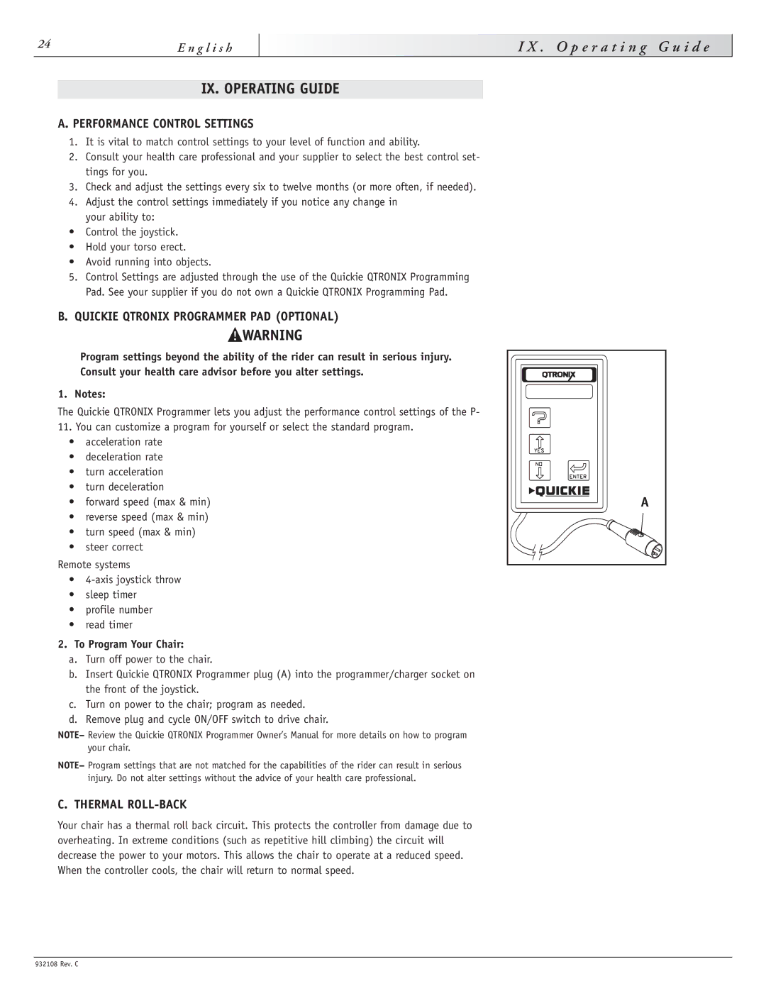 Sunrise Medical S-11 O p e r a t i n g I d e, IX. Operating Guide, Performance Control Settings, Thermal ROLL-BACK 