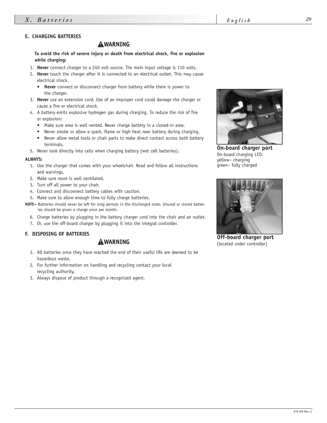 Sunrise Medical S-11 instruction manual Disposing of Batteries, Charging Batteries 