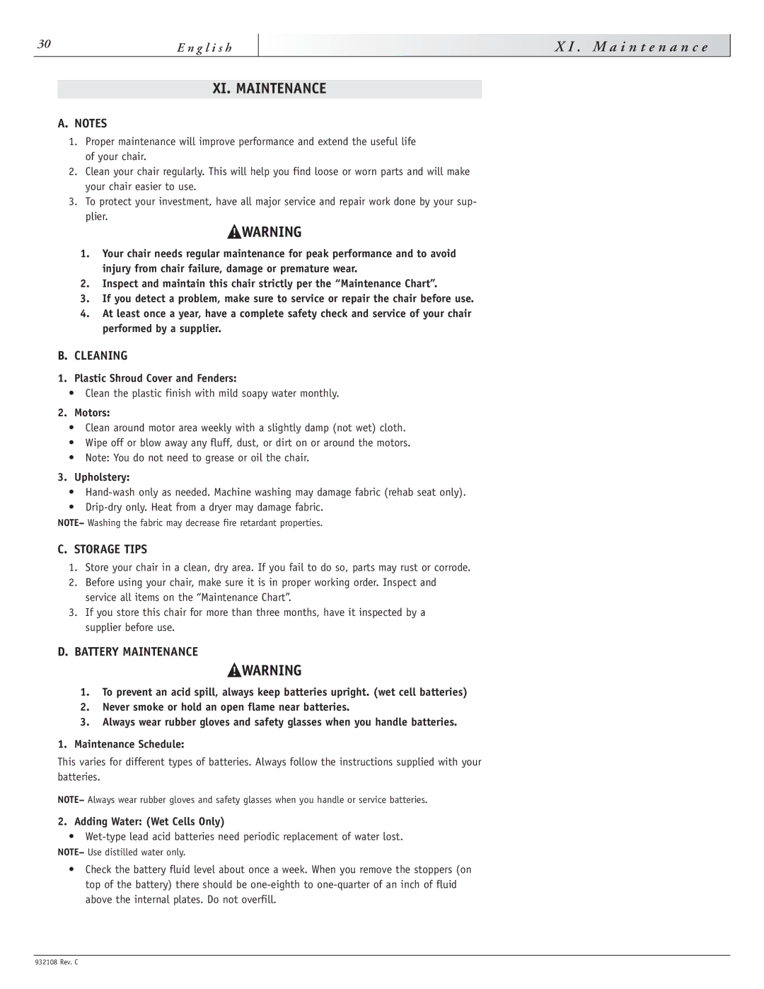 Sunrise Medical S-11 instruction manual M a i n t e n a n c e, XI. Maintenance, Cleaning, Storage Tips, Battery Maintenance 