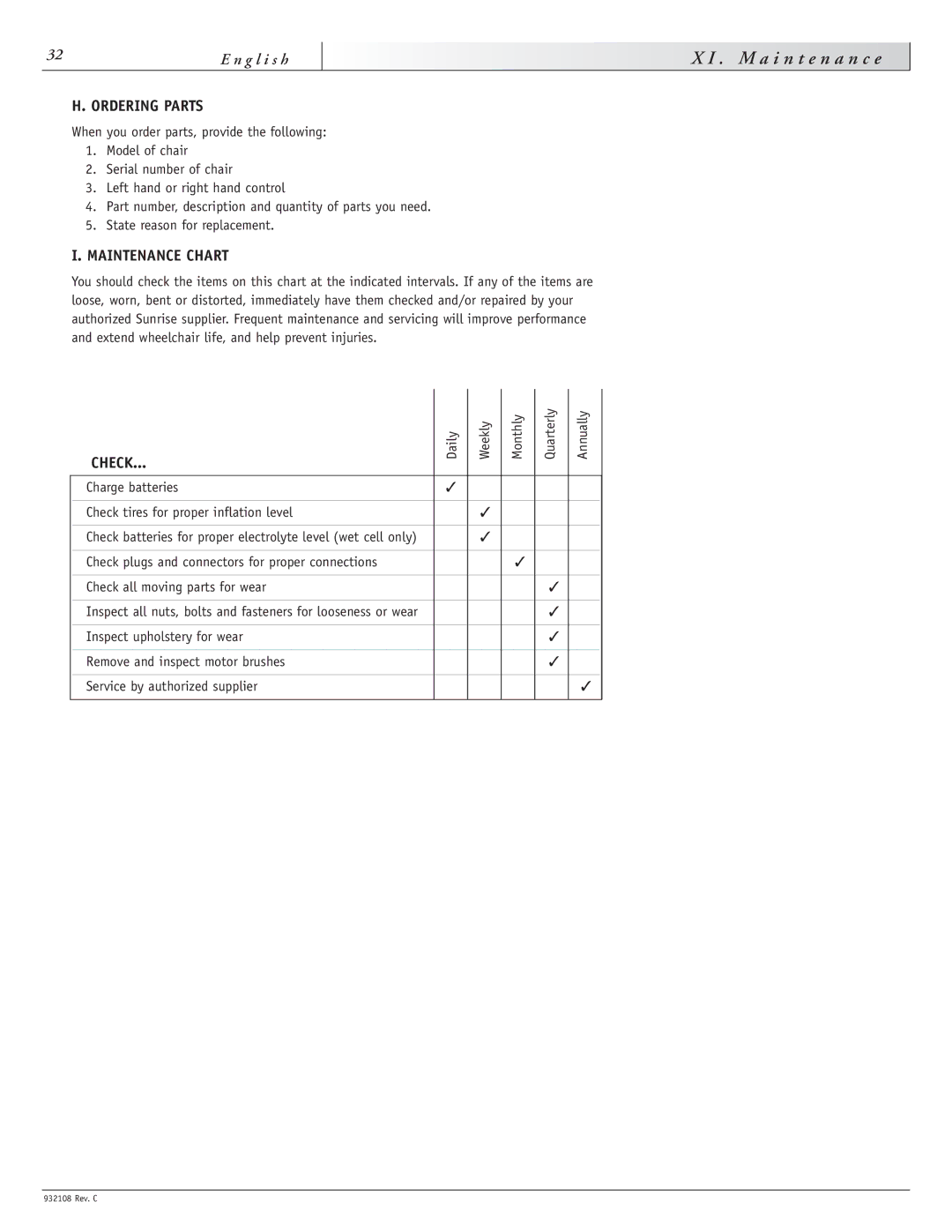 Sunrise Medical S-11 instruction manual Ordering Parts, Maintenance Chart, Check 