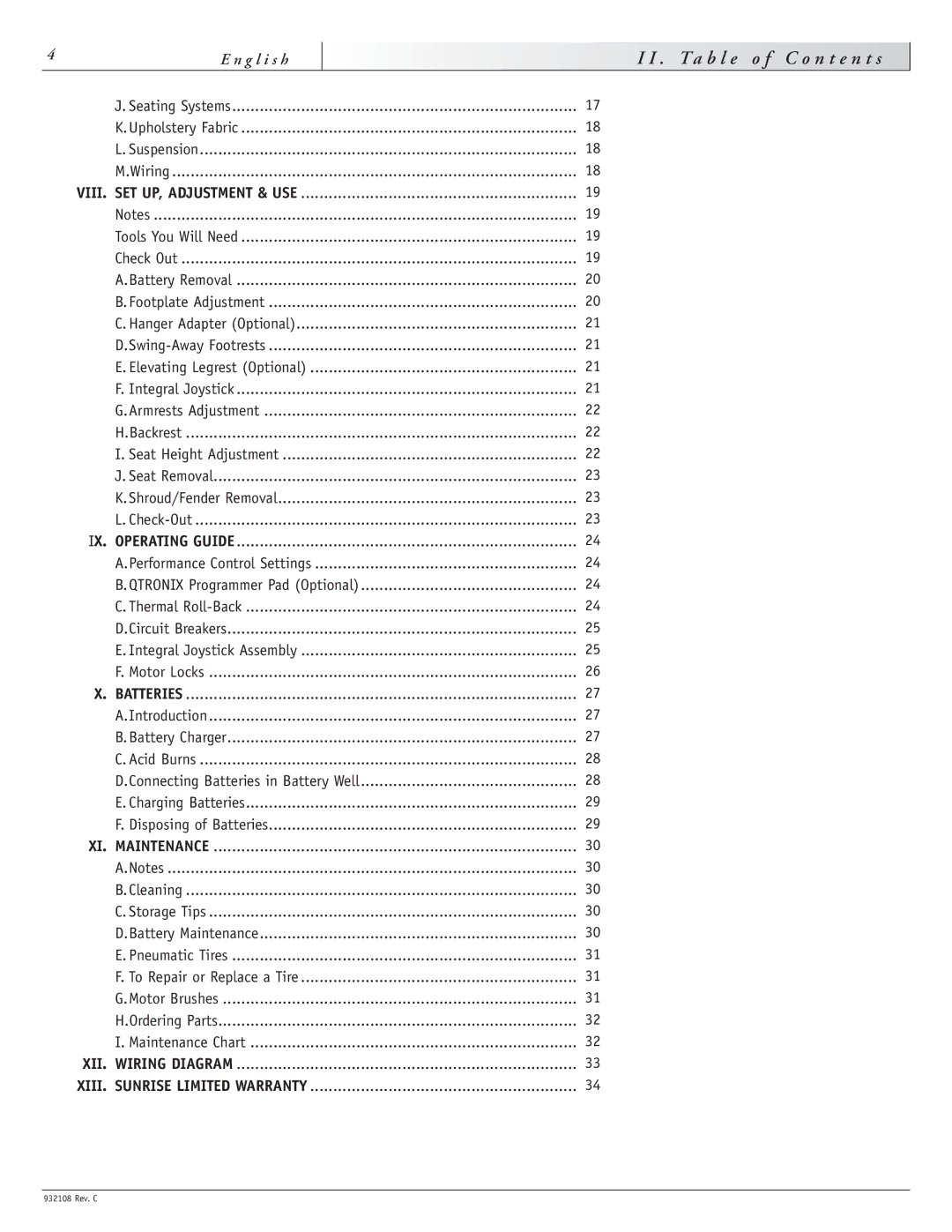 Sunrise Medical S-11 instruction manual T a b l e o f C o n t e n t s, VIII. SET UP, Adjustment & USE 