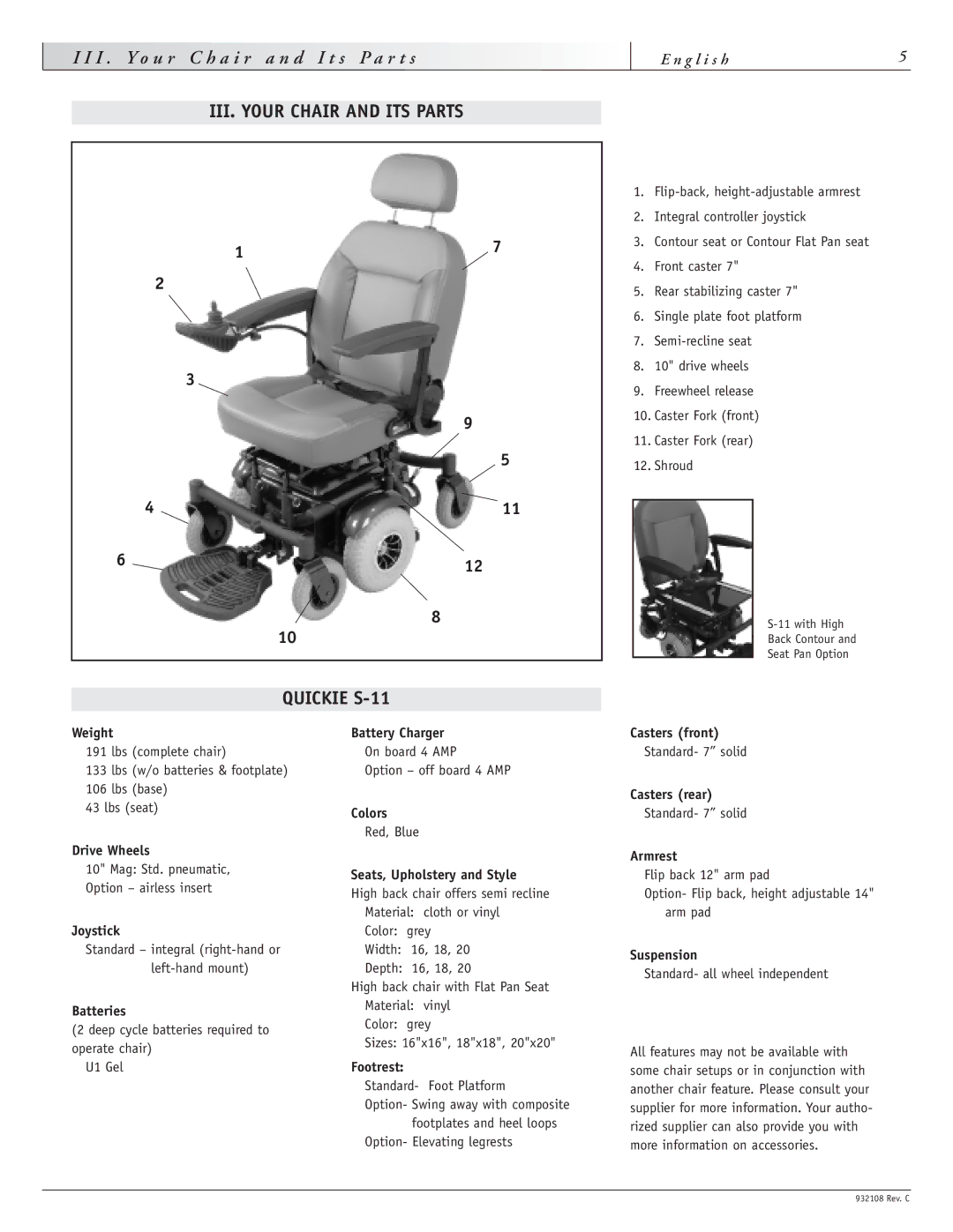 Sunrise Medical instruction manual I . Y o u r, III. Your Chair and ITS Parts, Quickie S-11 