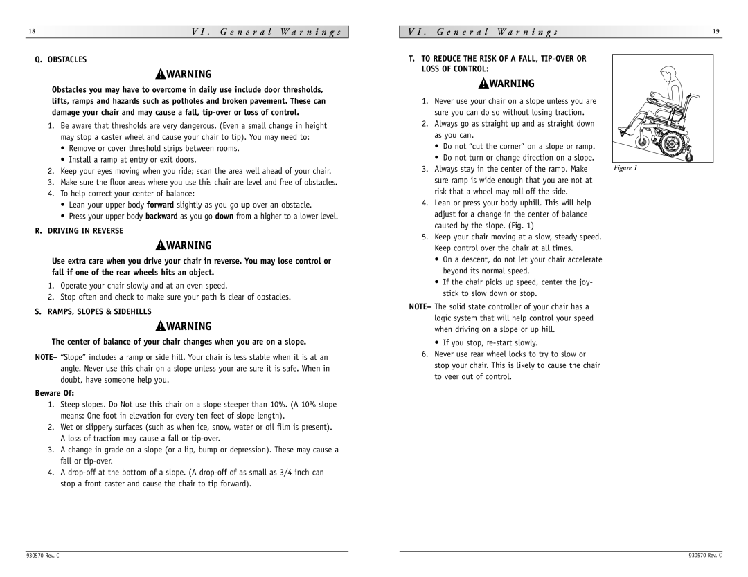 Sunrise Medical S-626 instruction manual Obstacles, Driving in Reverse, RAMPS, Slopes & Sidehills 